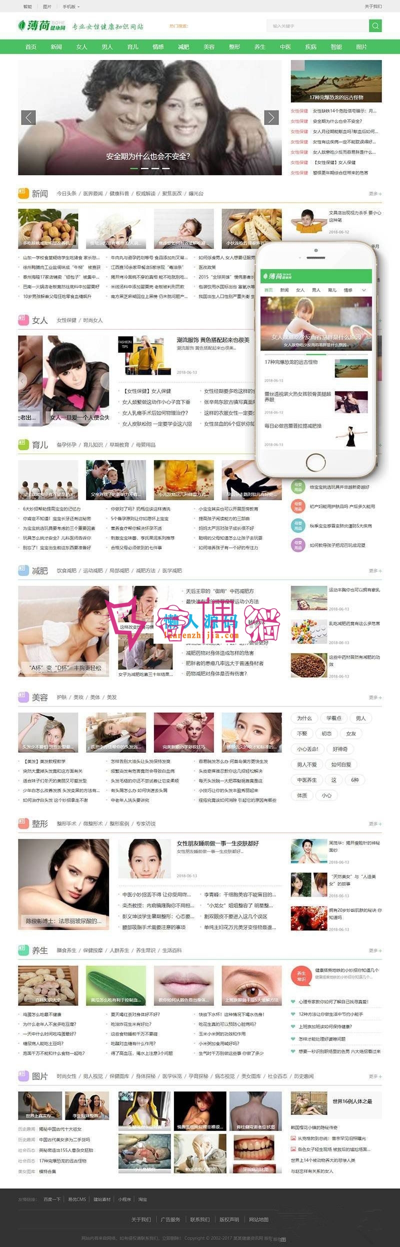 女性健康养生知识资讯网站模板(带手机移动端)